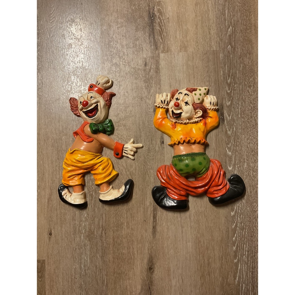 Vintage 3D Clown Wall Plaques Set of 2 Retro Circus Decor Hand Painted Figurines